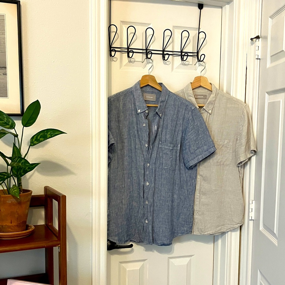 Two Everlane Line Button Up Shirts, Tan and Blue Striped, Men’s Size Small